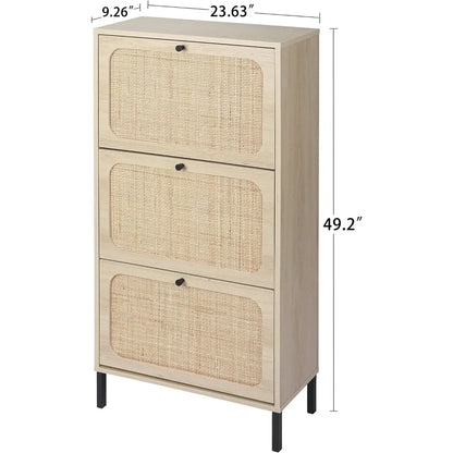 Natural Rattan Cabinet with 3 Flip Drawers, Free Standing Modern 3-Tier Shoe Storage Rack for Heels, Slippers