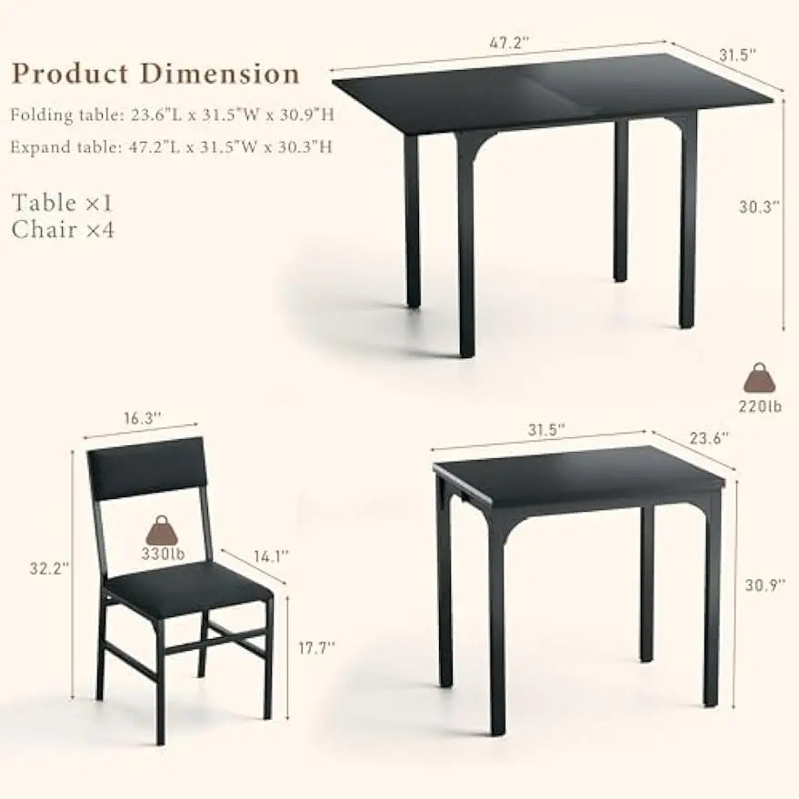 Ensemble de table à manger pour 4 personnes, ensemble de 4 chaises de cuisine extensibles avec coussins, rectangulaire avec cadre en métal et panneau MDF,