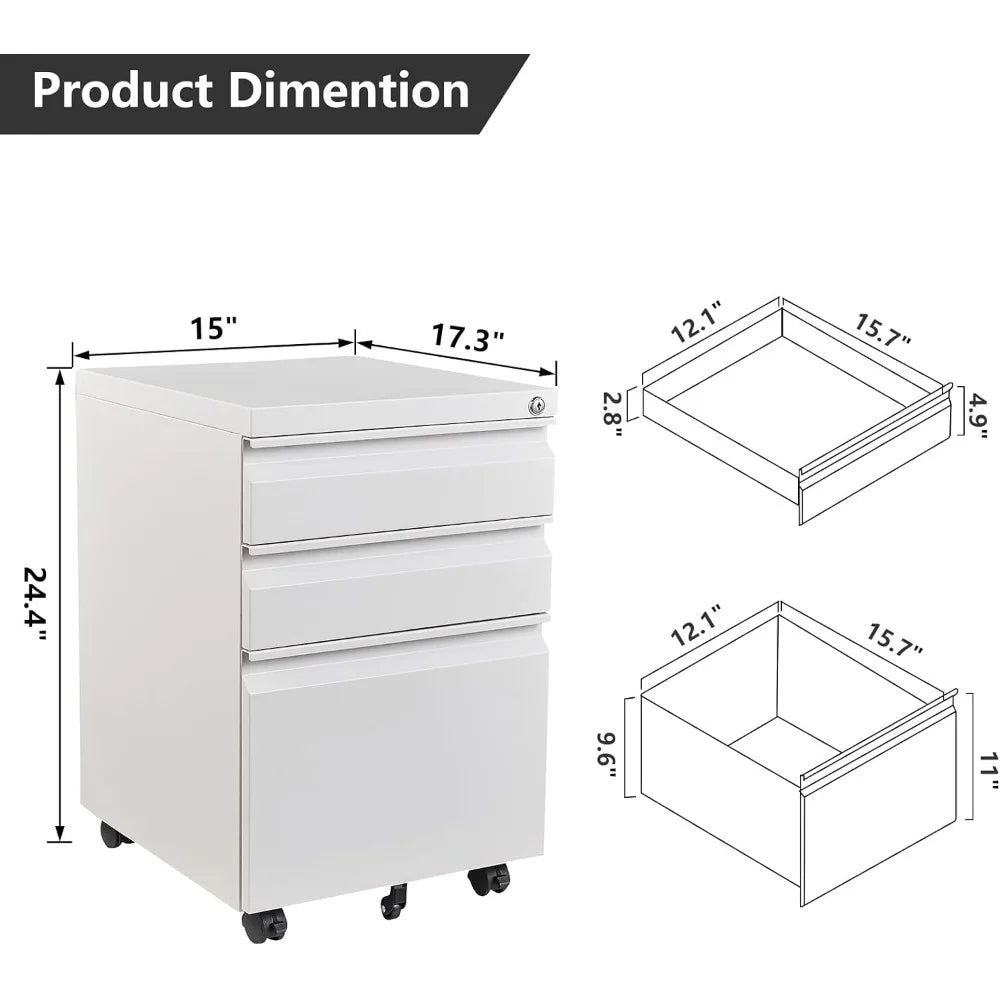 Archivador móvil, archivador con cerradura de 3 cajones, gabinete de almacenamiento de metal con ruedas debajo del escritorio para archivos de tamaño legal/carta/A4