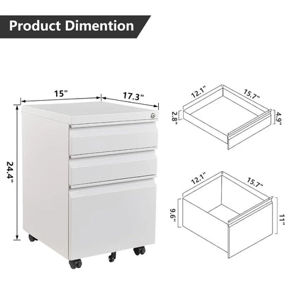 Archivador móvil, archivador con cerradura de 3 cajones, gabinete de almacenamiento de metal con ruedas debajo del escritorio para archivos de tamaño legal/carta/A4