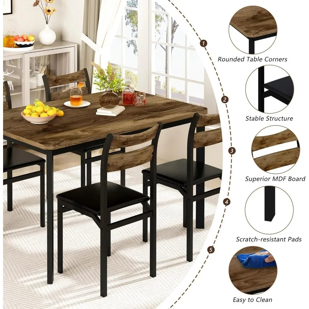 Juego de mesa de comedor para 4, mesa de comedor de 43,3" con 4 sillas tapizadas de cuero sintético, juego de mesa y sillas de cocina de madera de 5 piezas