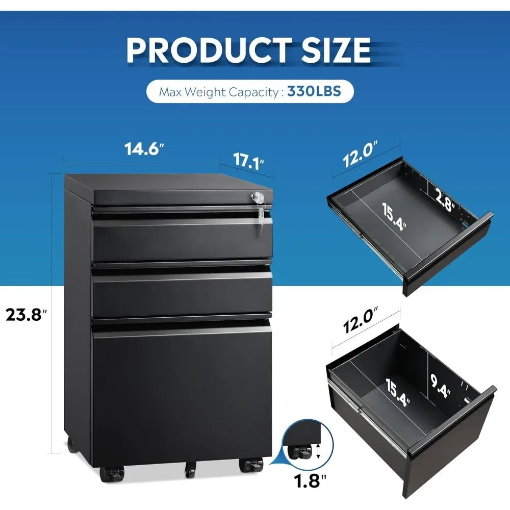 3 Drawer Mobile File Cabinet Under Desk Office,Fully Assembled Except Casters,Letter Size Black