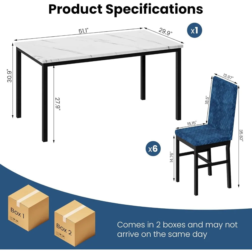 Ensemble de table à manger, grande table de cuisine moderne 7 pièces et chaises avec cadre en métal, ensemble de table de salle à manger avec 6 chaises en velours