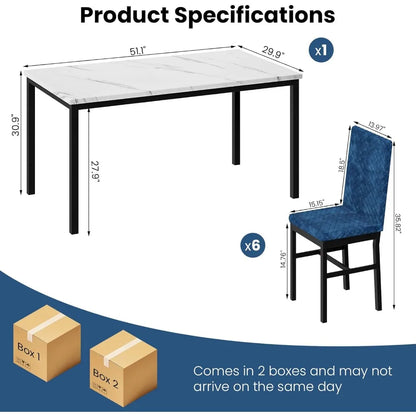 Ensemble de table à manger, grande table de cuisine moderne 7 pièces et chaises avec cadre en métal, ensemble de table de salle à manger avec 6 chaises en velours