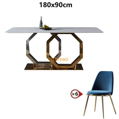 Mesa de comedor de mármol de lujo SENTEWO con 8 sillas de comedor, mesa de comedor con marco dorado, juego de sillas de mármol Basse