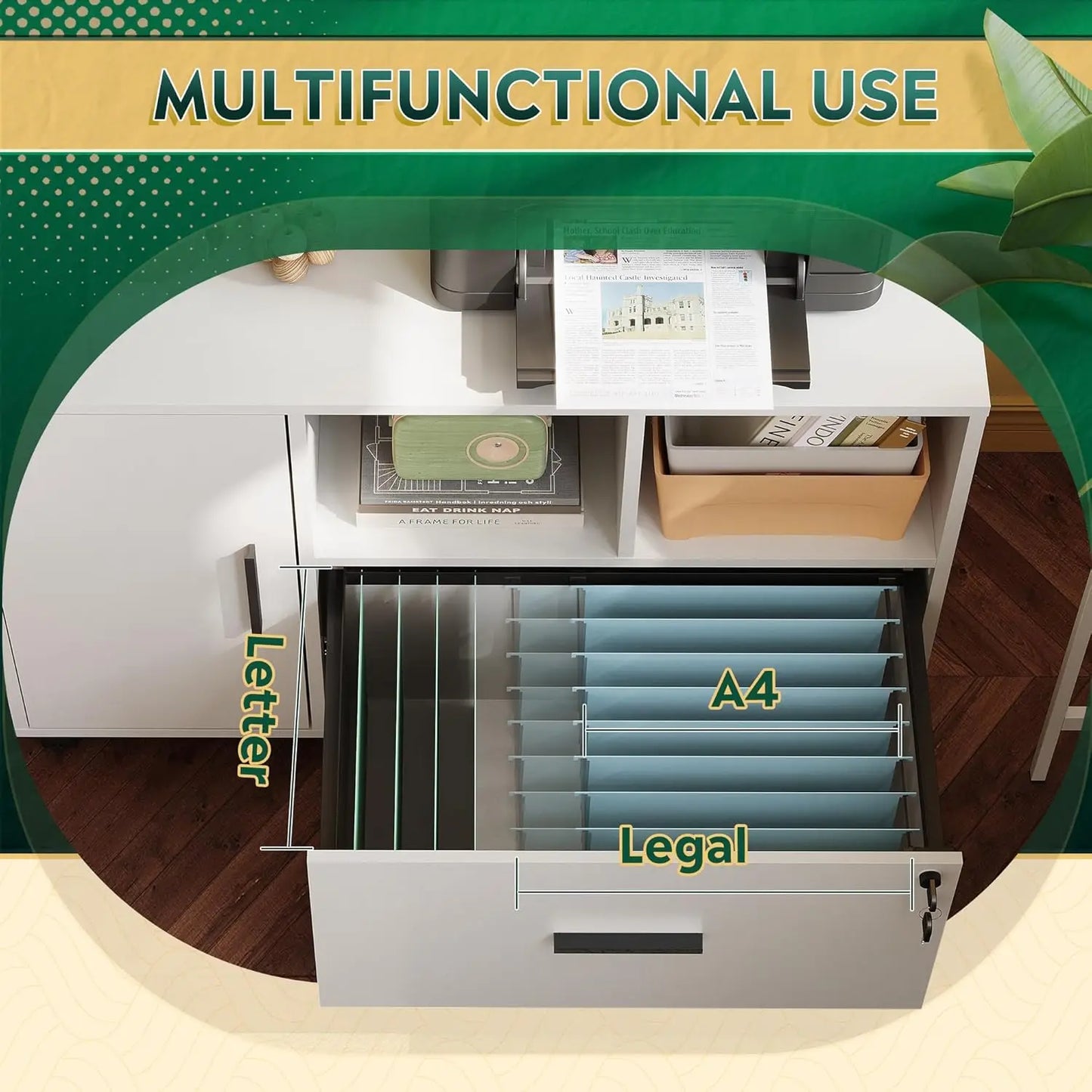 Lockable office filing cabinet, single drawer wooden horizontal filing cabinet with wheels, household open storage rack