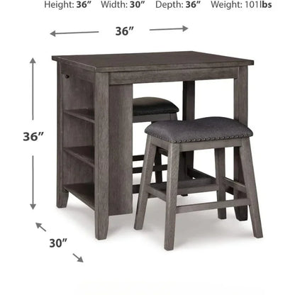 25" Counter Height Dining Room Table Set with 2 Saddle Barstools & Storage, Easy-to-Assembly,Gray Wash Finish