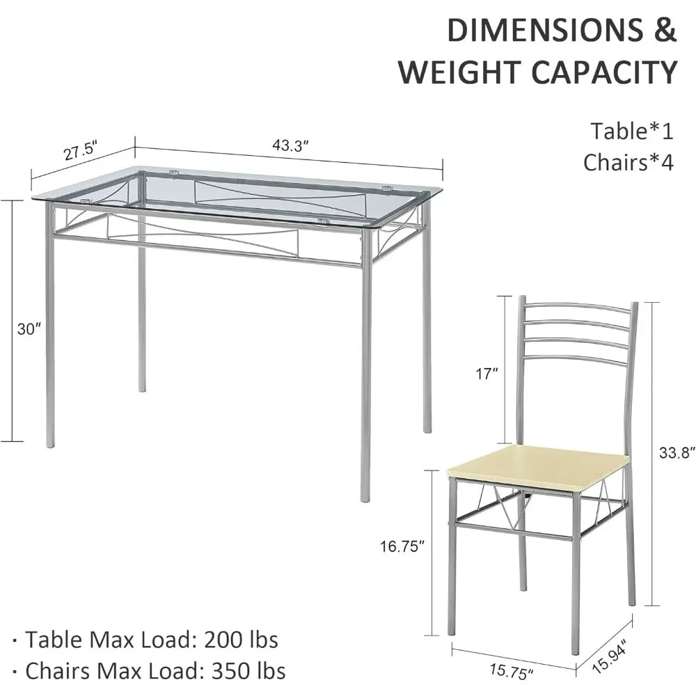 Ensemble de table à manger et de chaises pour salle à manger avec plateau en verre et chaises argentées pour petit espace Ensemble de meubles de chambre à coucher Ensembles de salle à manger