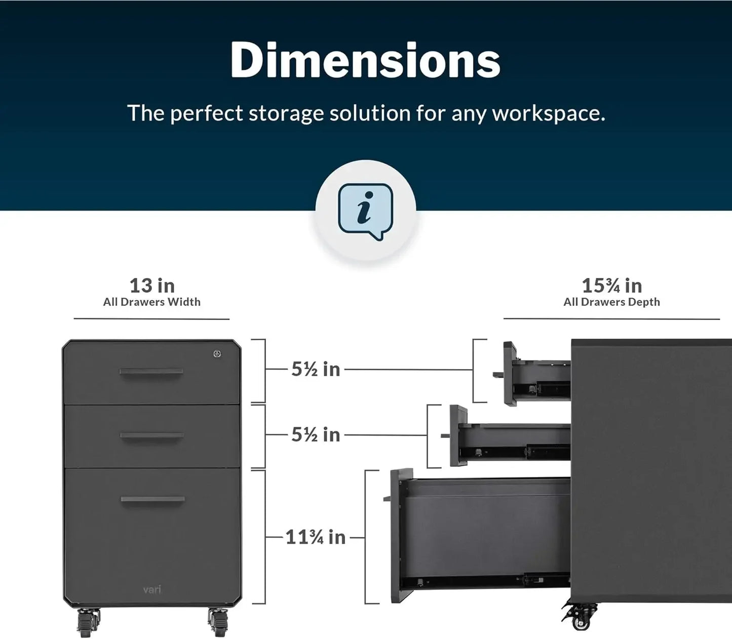 Archivador de tres cajones Vari - Archivador móvil para el hogar o la oficina - Almacenamiento de archivos colgantes - Cajones con cerradura con diseño Heavy-D