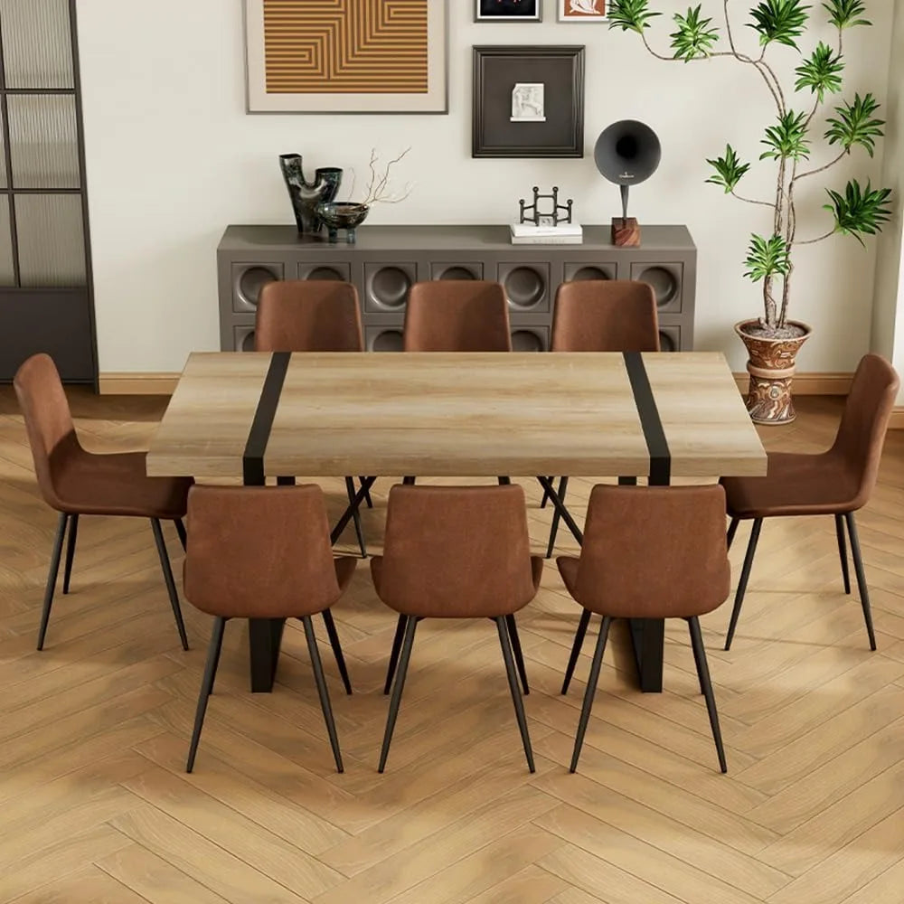 Juego de mesa de comedor para 8, juego de 8 sillas y madera de 71'', mesas de comedor de madera rectangulares modernas, sillas de comedor de tela 8