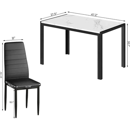 Juego de mesa de comedor de mármol para 4, mesa rectangular de imitación de mármol y 4 sillas de cuero PU, juego de mesa de cocina de 5 piezas Juegos de comedor