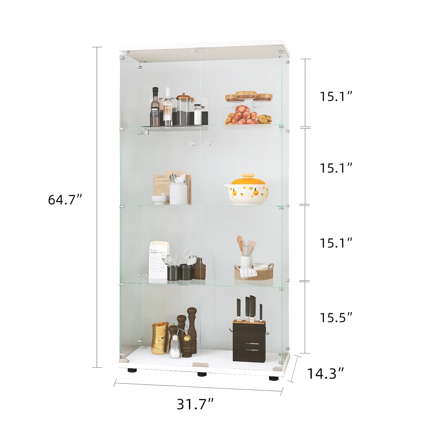 Vitrina de cristal de dos puertas con 4 estantes y puerta, estantería de pie para sala de estar, dormitorio, oficina