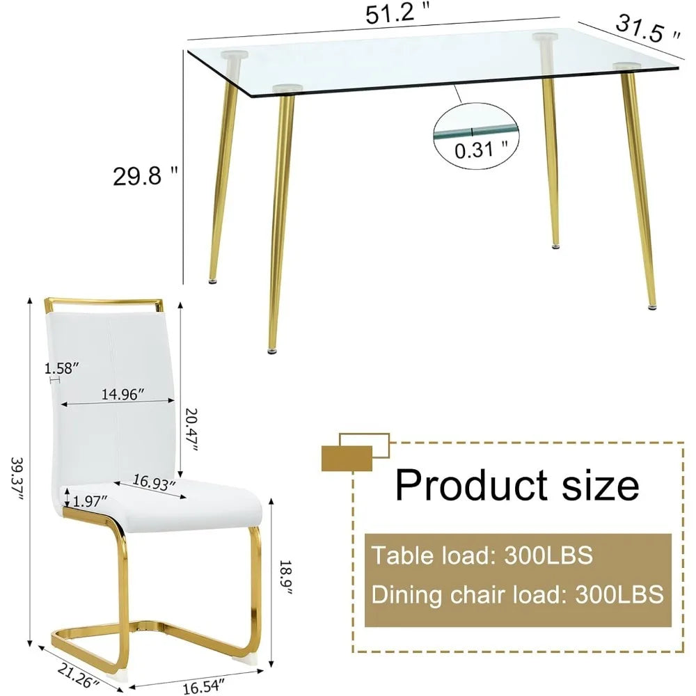 0.31 tempered glass dining table set for 4.5 pieces dining table and chair set with 4 white PU leather dining chairs