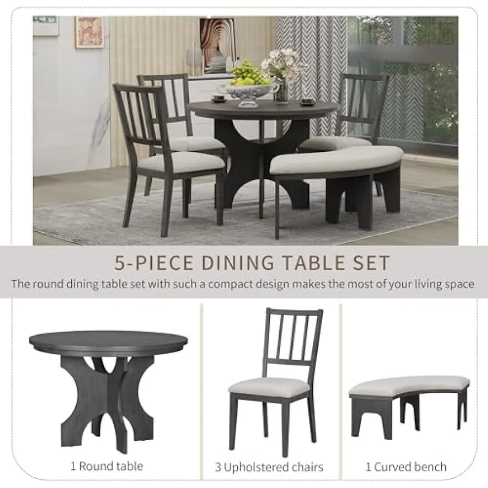 Banco curvo redondo y lateral para 4-5 personas, 5 piezas, patas de forma especial de 44", juego de 5 sillas y mesa de cocina para comedor (gris)