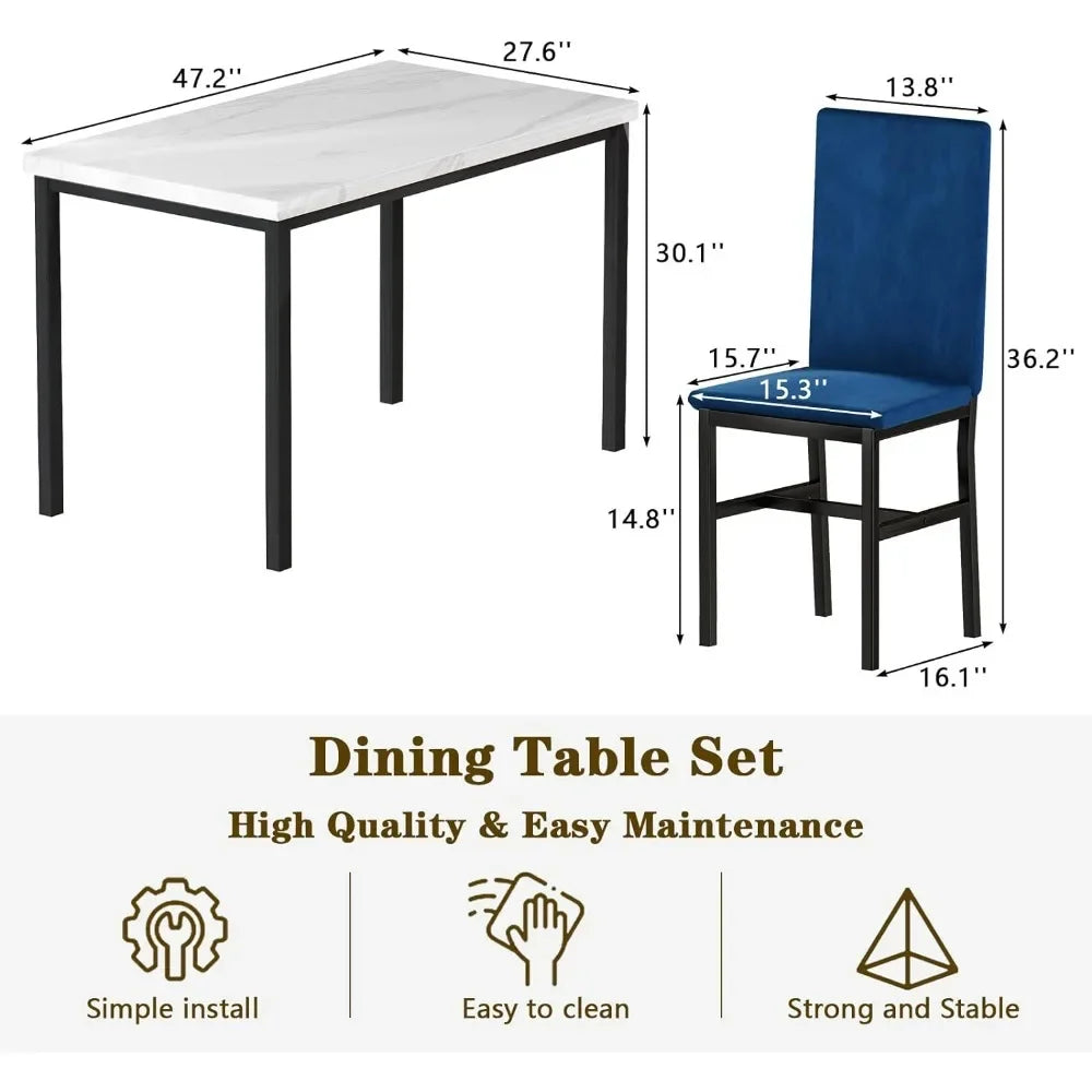 Juego de mesa de comedor para 4 personas, tablero de imitación de mármol de estilo moderno y 4 sillas de terciopelo para comedor, cocina, desayuno en espacios pequeños