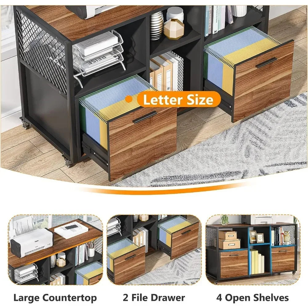 2 Drawer File Cabinets, Mobile Lateral Filing Cabinet for Letter/ A4 Size, Printer Stand with Open Storage Shelves and Drawer