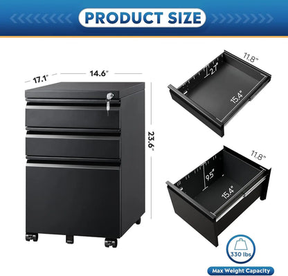 3 Drawer Mobile File Cabinet with Lock, Under Desk Metal Filing Cabinet for Legal/Letter/A4 File, Fully Assembled Except Wheels,