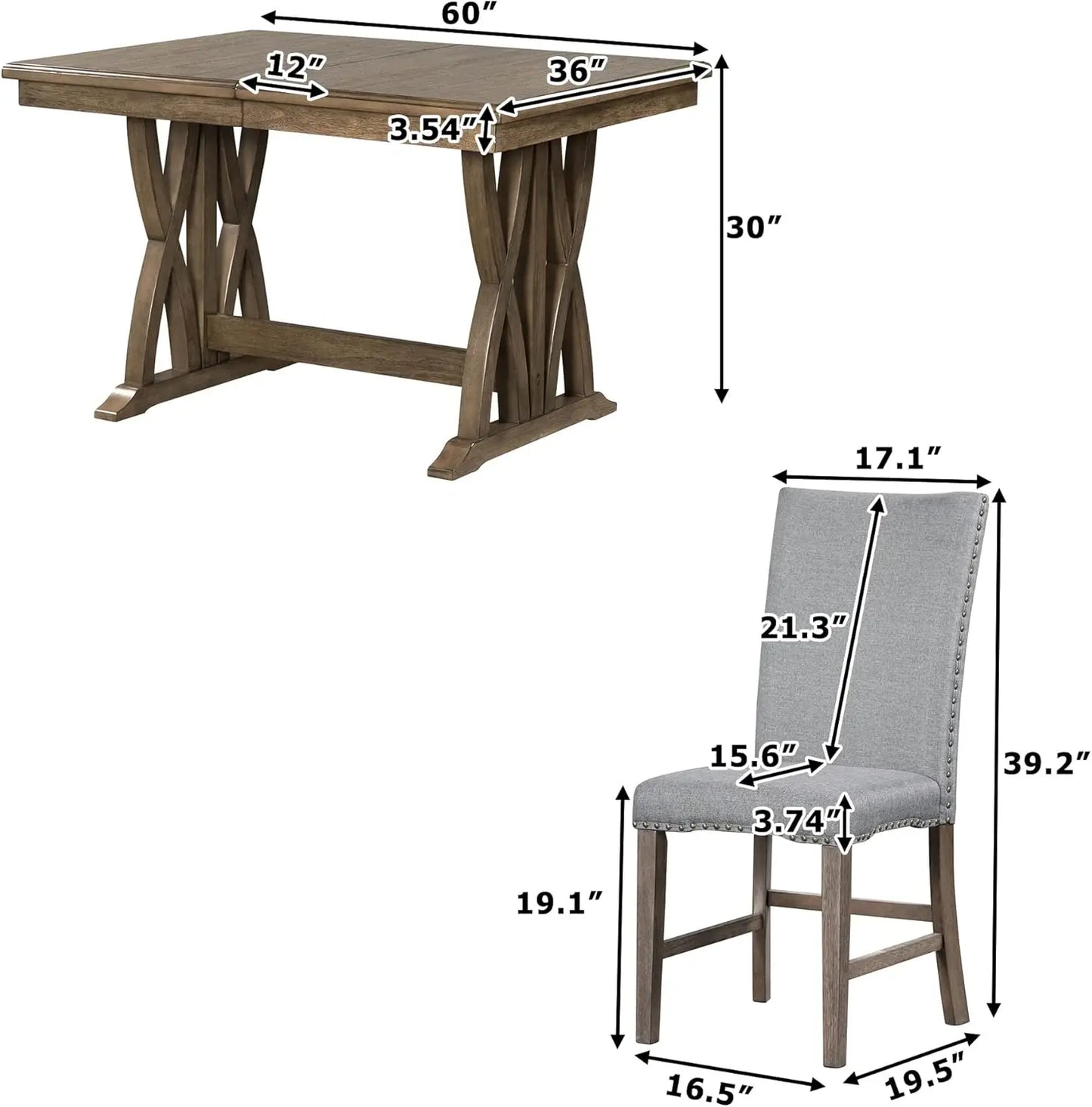 Juego de mesa de comedor de mediados de siglo con sillas y mesa extensible para 6 personas, juego de mesa de comedor grande de 7 piezas, color gris