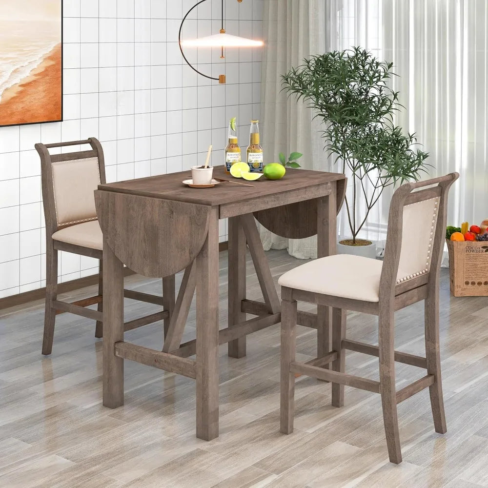 3 Piece Counter Height Kitchen Dining Set with Drop Leaf Dining Table and 2 Dining Padded Chairs, Brown