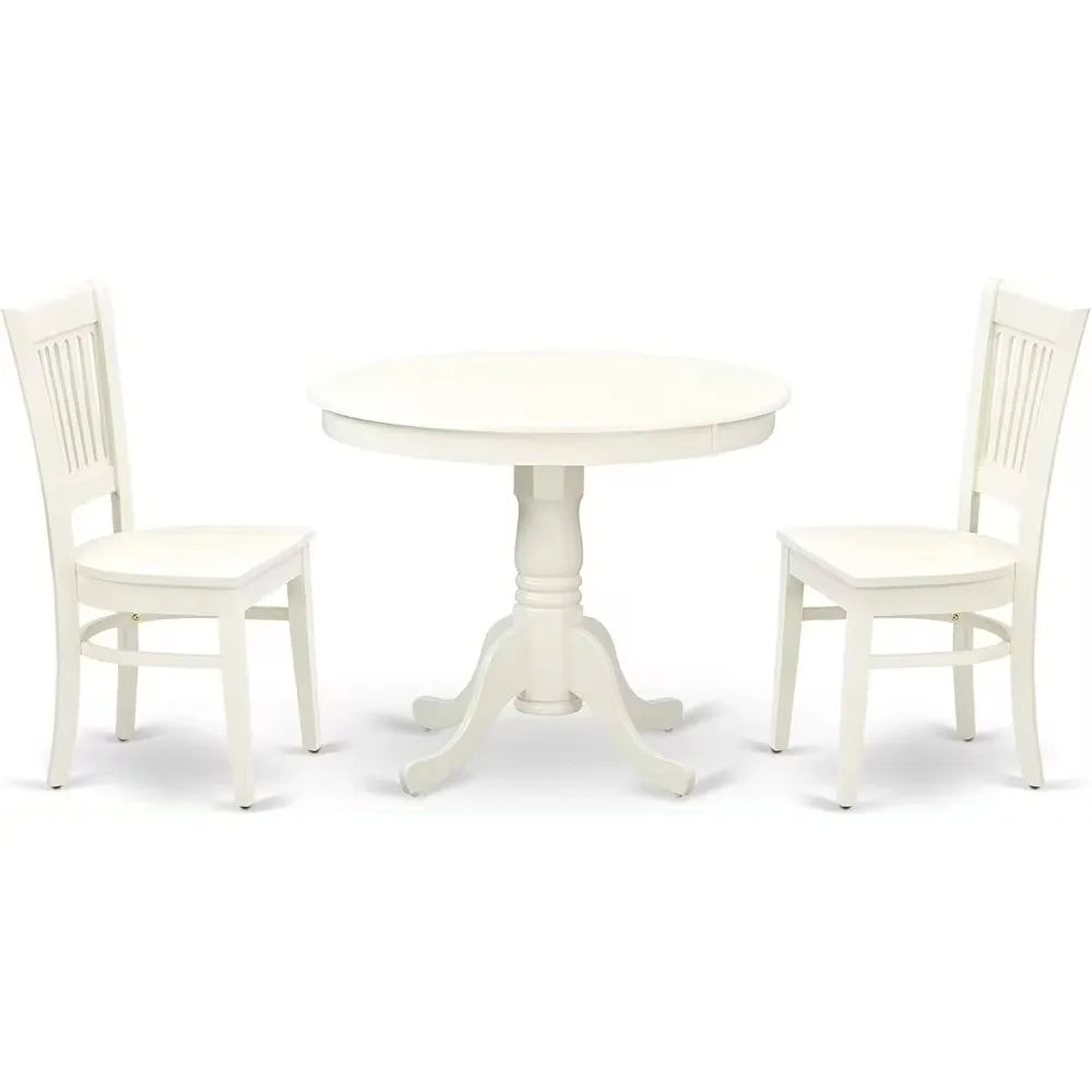 3 Piece Dining Room Furniture Set Contains a Round Dining Table with Pedestal and 2 Wood Seat Chairs, 36x36 Inch, Linen White