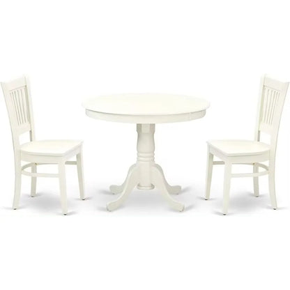 3 Piece Dining Room Furniture Set Contains a Round Dining Table with Pedestal and 2 Wood Seat Chairs, 36x36 Inch, Linen White