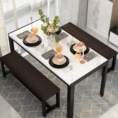 Ensemble de table de salle à manger avec 2 bancs, ensemble de table à manger pour 4 à 6 personnes, ensemble de table de petit-déjeuner en faux marbre et revêtement en cuir PU