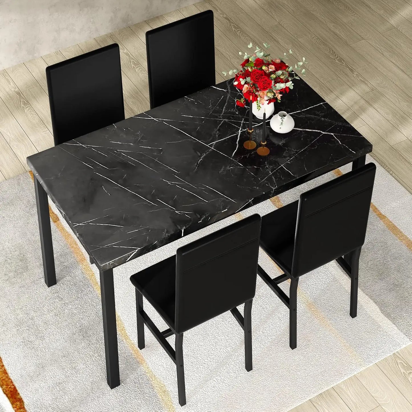 Table à manger en faux marbre noir avec 4 chaises rembourrées, ensemble de salle à manger 5 pièces pour petit espace, table de petit-déjeuner et bar