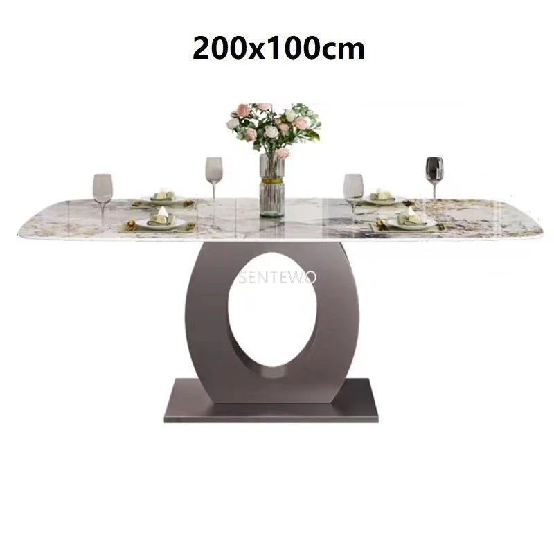 Juego de mesa de comedor de lujo de diseñador con losa de mármol y 8 sillas, mesa de comedor, muebles de mármol, base de acero inoxidable dorado