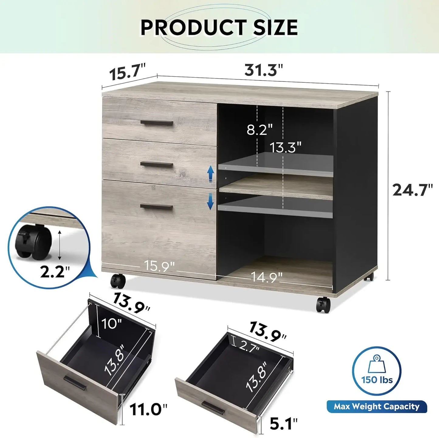 3-Drawer wooden filing cabinet, mobile horizontal filing cabinet, printer rack with open storage rack for home office