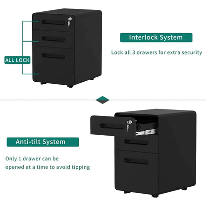 3-Drawer Rolling File Cabinet, Metal Mobil  with Lock, Filing Cabinet Under Desk fits Legal/A4 Size Fully Assembled-Black