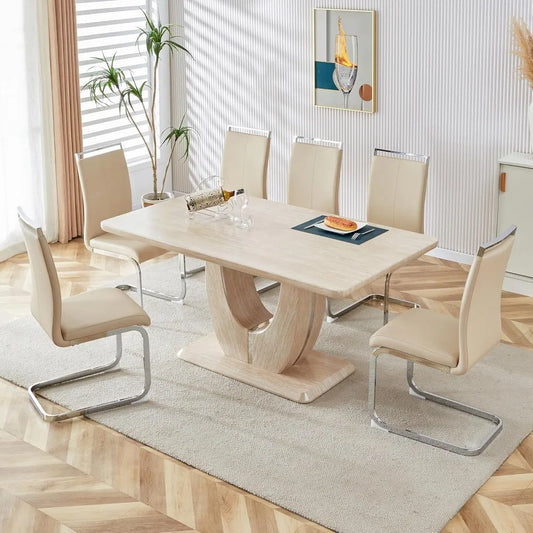 Juego de mesa de comedor de madera moderna para 6 personas con tablero de imitación mármol y 6 sillas tapizadas de cuero PU, veta de madera beige