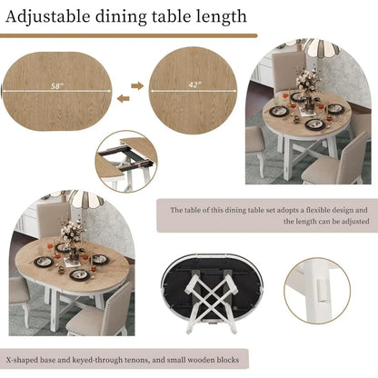 Juego de mesa de comedor de 5 piezas, mesa de comedor redonda extensible y 4 sillas de comedor tapizadas (madera de roble natural + blanco antiguo)