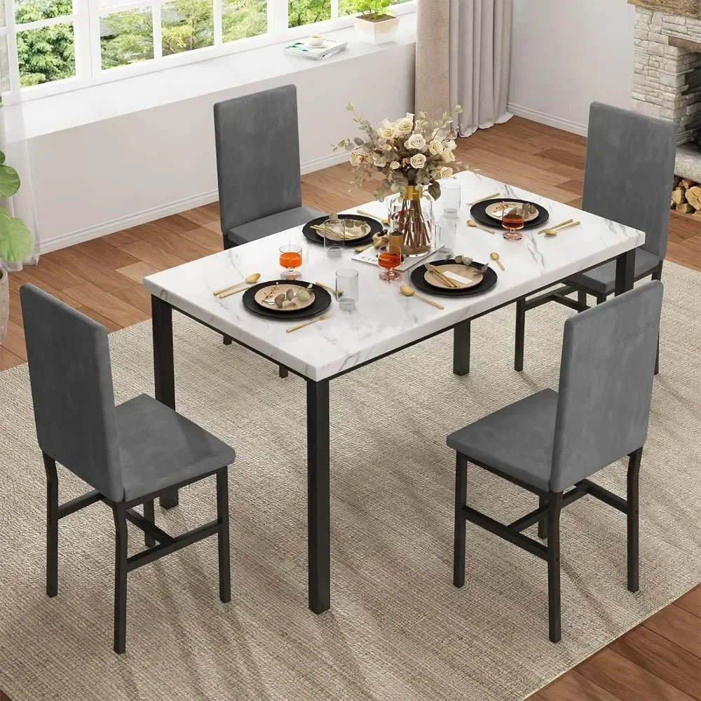 Ensemble de table à manger pour 4 personnes, table de cuisine moderne et chaises peu encombrantes avec faux marbre Ensemble de table de salle à manger 5 pièces Meubles