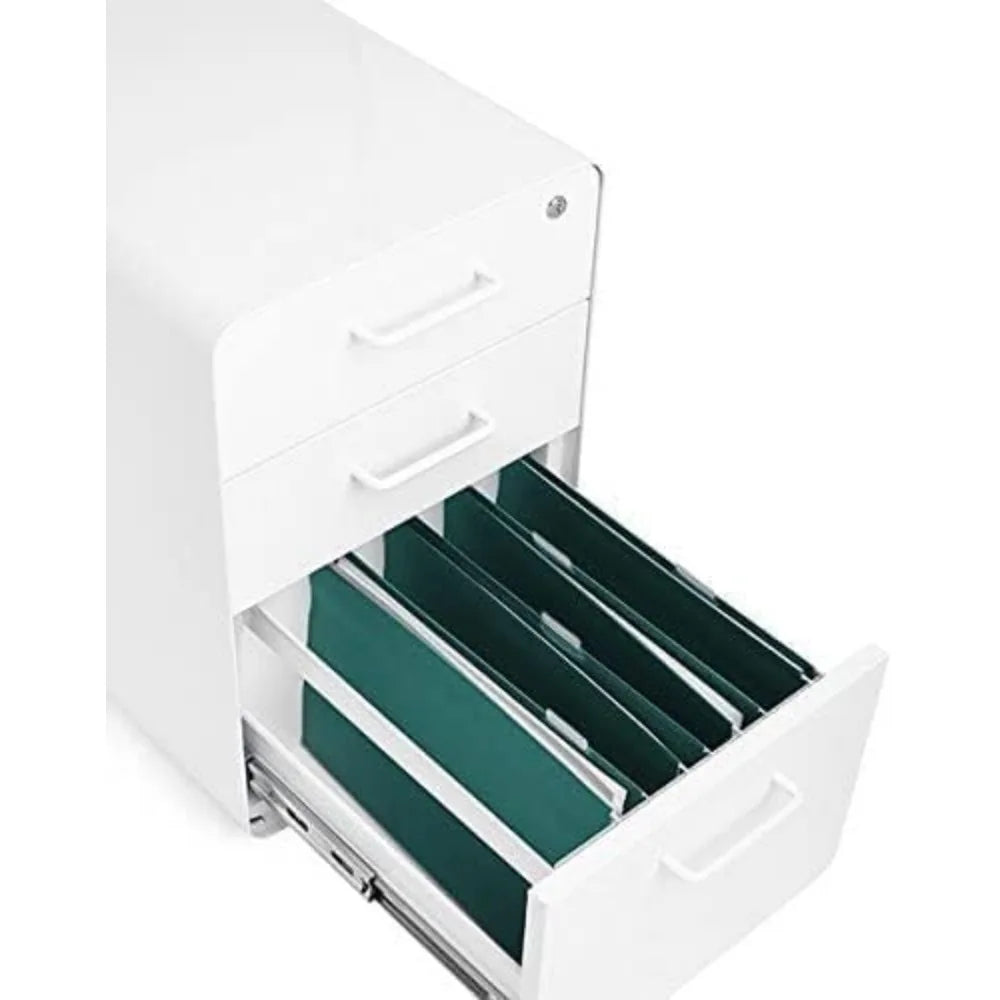 Archivador de 3 cajones Poppin Stow, blanco, 2 cajones utilitarios y 1 cajón para archivadores colgante, totalmente pintado por dentro y por fuera, color polvo