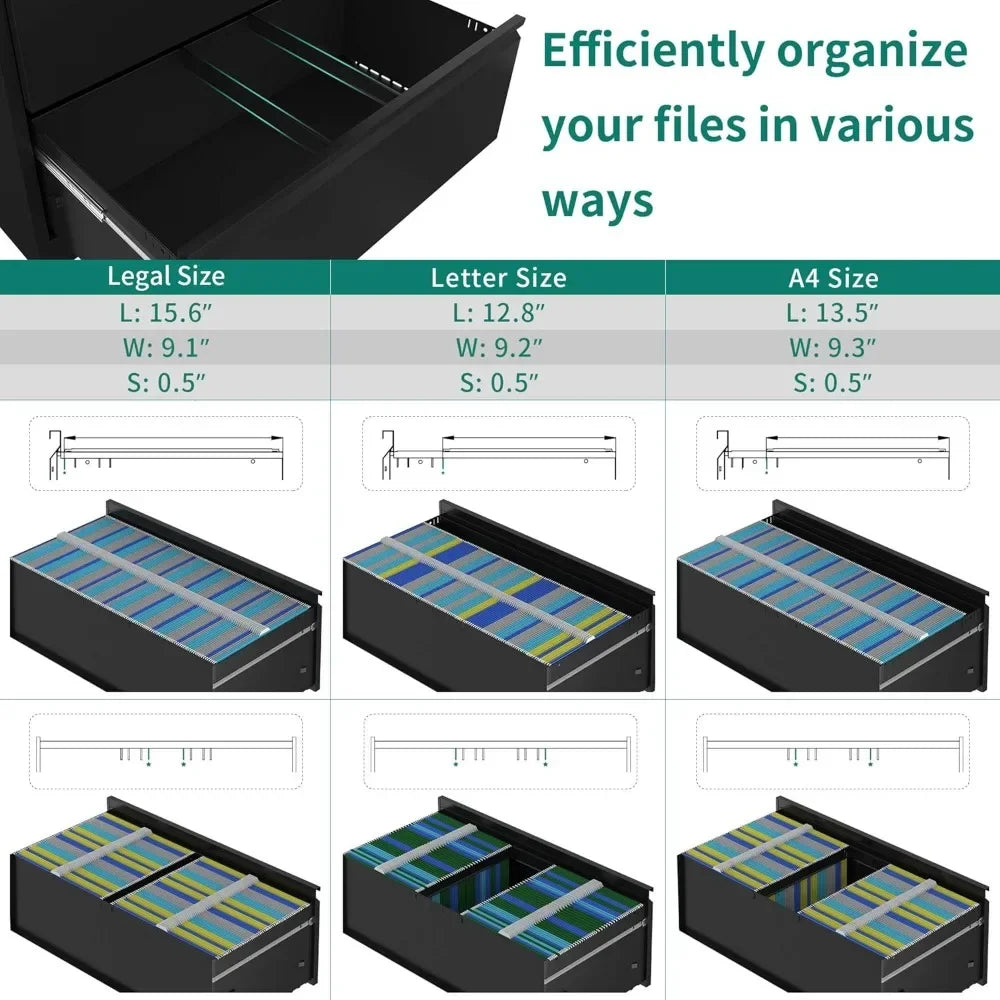 3 Drawer Lateral File Cabinet with Lock, Metal Stainless Steel Wide Lateral Filing Cabinet for Legal/Letter A4 Size