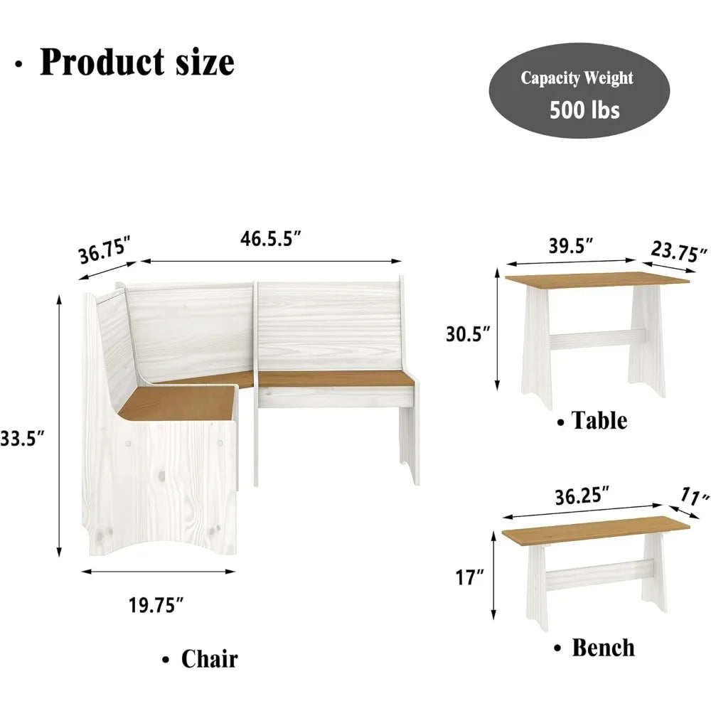 3 Piece Dining Table Set, Corner Breakfast Corner Set with Bench and Corner Seating, Space-Saving Kitchen Table for 4-6 People