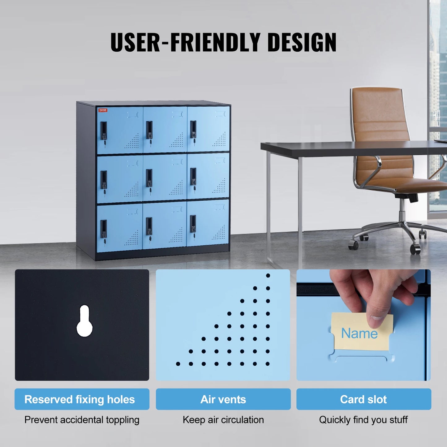 Casier en métal VEVOR pour employés, armoire de rangement à 9 portes avec fente pour carte et serrure, capacité de charge de 66 lb pour bureau, maison, école, salle de sport