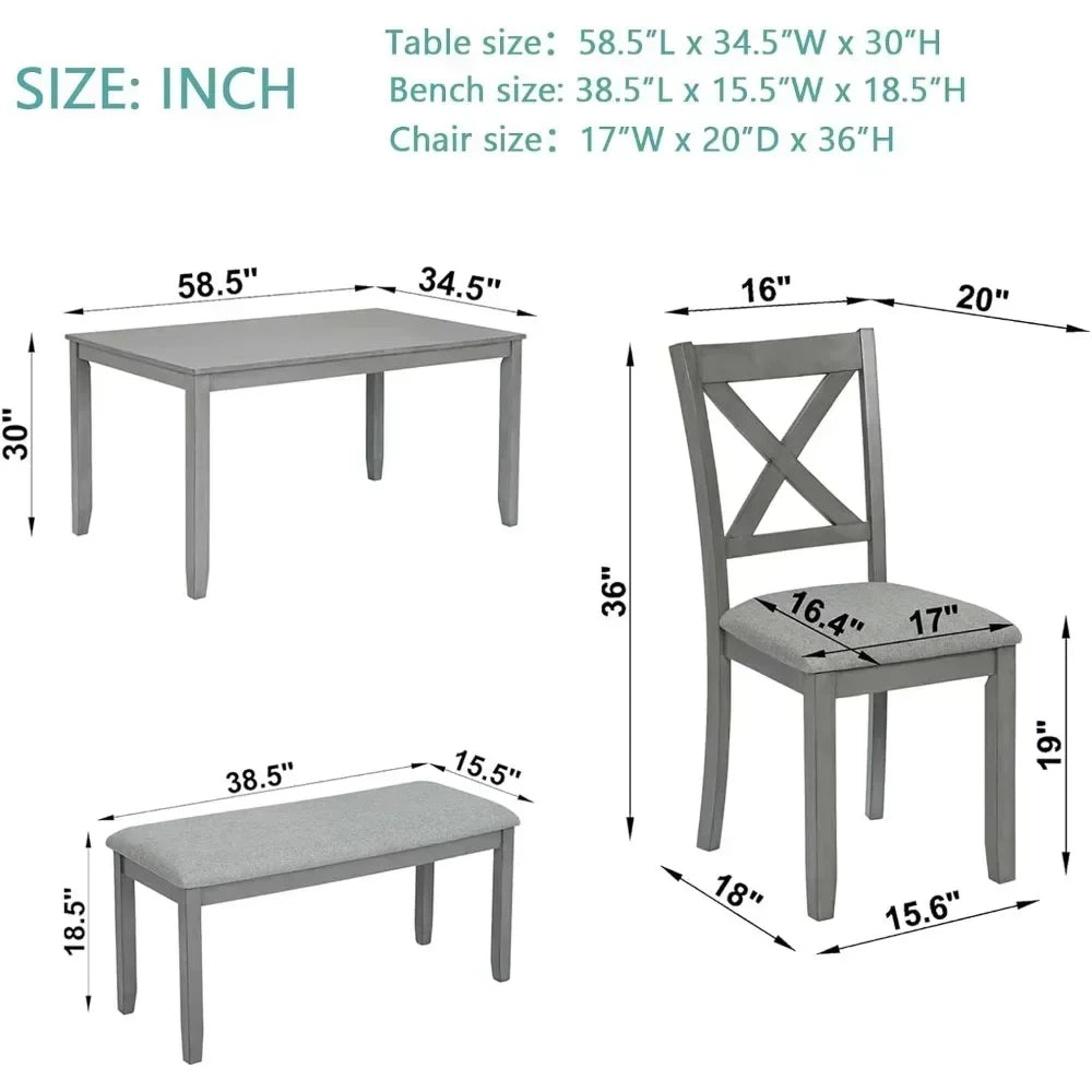 Juego de mesa de comedor para 6 personas, juego de mesa de cocina estilo granja con 4 sillas tapizadas y 1 banco, juego de mesa de comedor de madera maciza para cocina