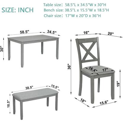 Juego de mesa de comedor para 6 personas, juego de mesa de cocina estilo granja con 4 sillas tapizadas y 1 banco, juego de mesa de comedor de madera maciza para cocina