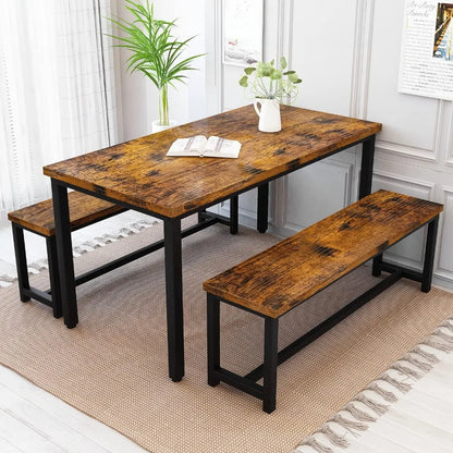 Ensemble de table à manger pour 4 personnes Ensemble de table de cuisine avec 2 bancs de salle à manger, 3 pièces de style ferme industriel pour petit espace, appartement, brun rustique