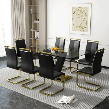 Juego de mesa de comedor para 8 personas, juego de mesa de comedor de vidrio dorado, mesa y 8 sillas de comedor tapizadas de cuero sintético, escritorio de comedor grande de 71''