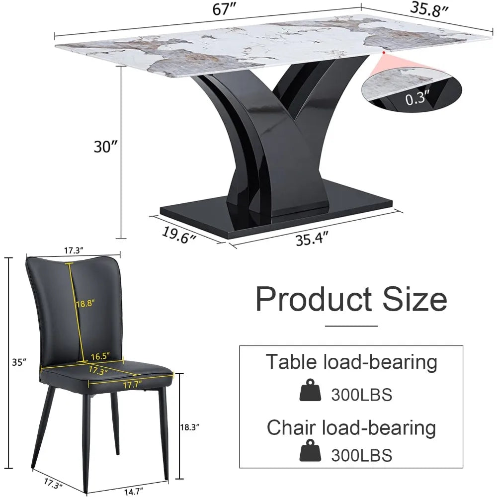 Juegos de comedor, mesa de cocina de 67" de imitación de mármol y 6 sillas de cuero PU, juego de mesa de comedor rectangular para 6