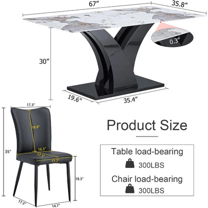 Juegos de comedor, mesa de cocina de 67" de imitación de mármol y 6 sillas de cuero PU, juego de mesa de comedor rectangular para 6