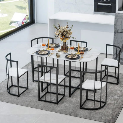 Modern 7-piece Set Table Set, Equipped with Imitation Marble Table and Triangular Chair Design, 55 Inch Kitchen Dining Table Set