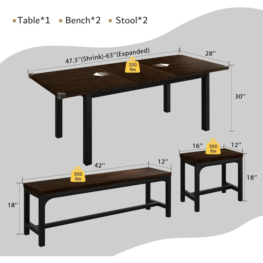 Ensemble de table à manger pour 4 à 8 personnes, ensemble de table de cuisine extensible avec 2 bancs et 2 tabourets carrés