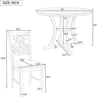 Vintage Round Dining Table and Chairs, 5-Piece Kitchen Dining Room Table Set with Middle Open Shelf and Fabric Padded Seat