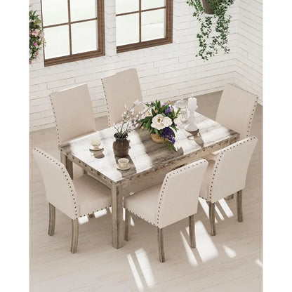 Fort 7 Piece Rustic Wooden Dining Set, Mid-Century Modern Table & Chair Set for Spacious Dining Rooms and Entertaining Guests