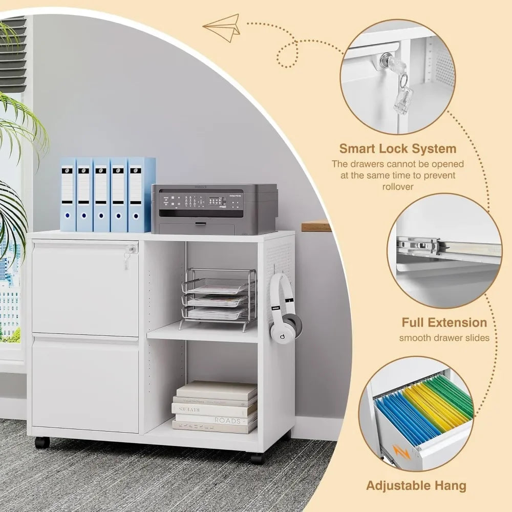 Archivador móvil con cerradura, archivador horizontal de metal con soporte para impresora y gabinete de almacenamiento para oficina en casa, tamaño A4/F4/Carta