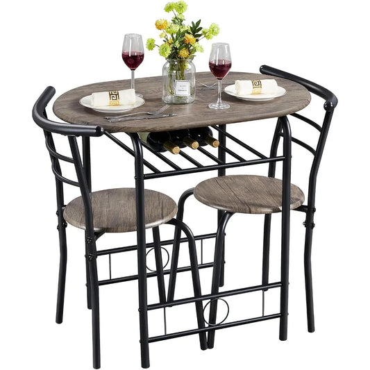 3 Piece Dining Table， Kitchen Table & Chair Sets, Compact Bistro Table Set with Steel Legs, Built-in Wine Rack for Small Space