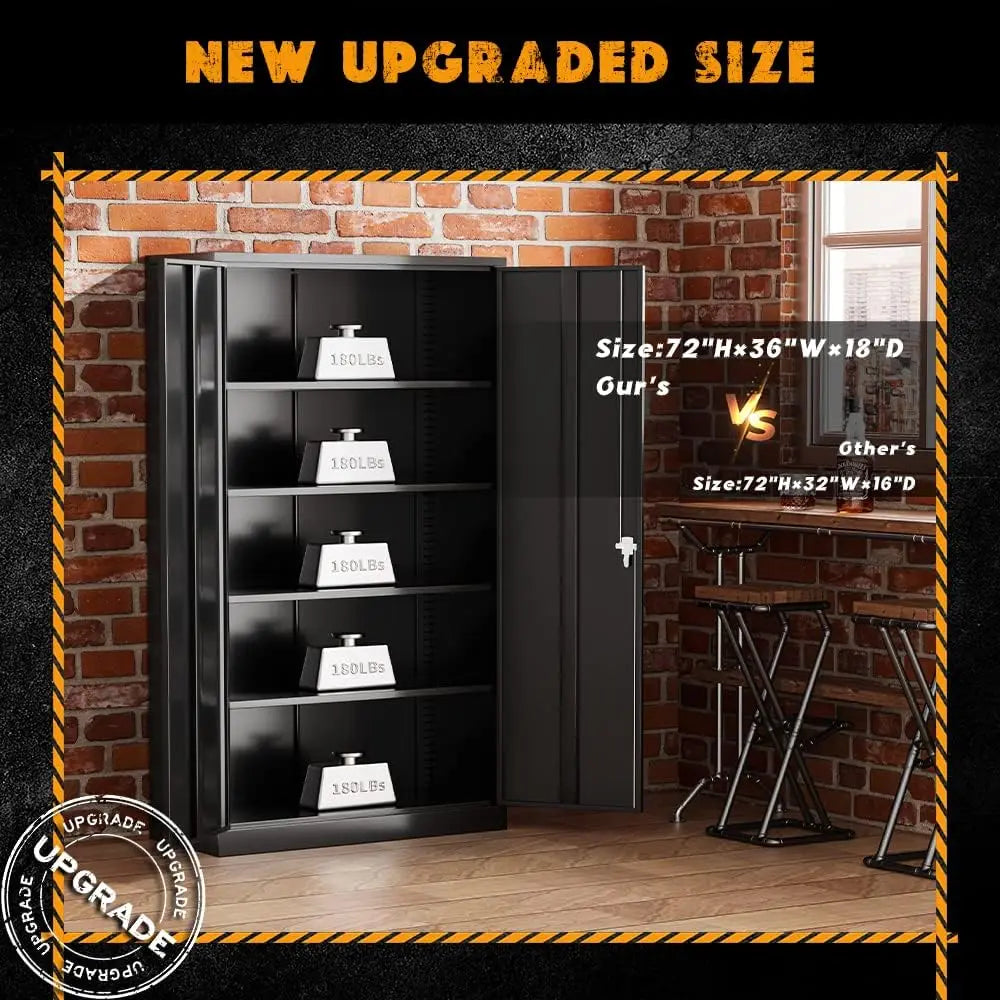 Metal Storage Cabinets 72” Black Garage Steel Storage Cabinet with Doors and Shelves, Metal Tool Cabinet, Steel File